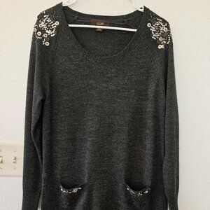 VICTOR ALFANO Women's Gray Wool Sweater - Gem Details - Size M - Pockets